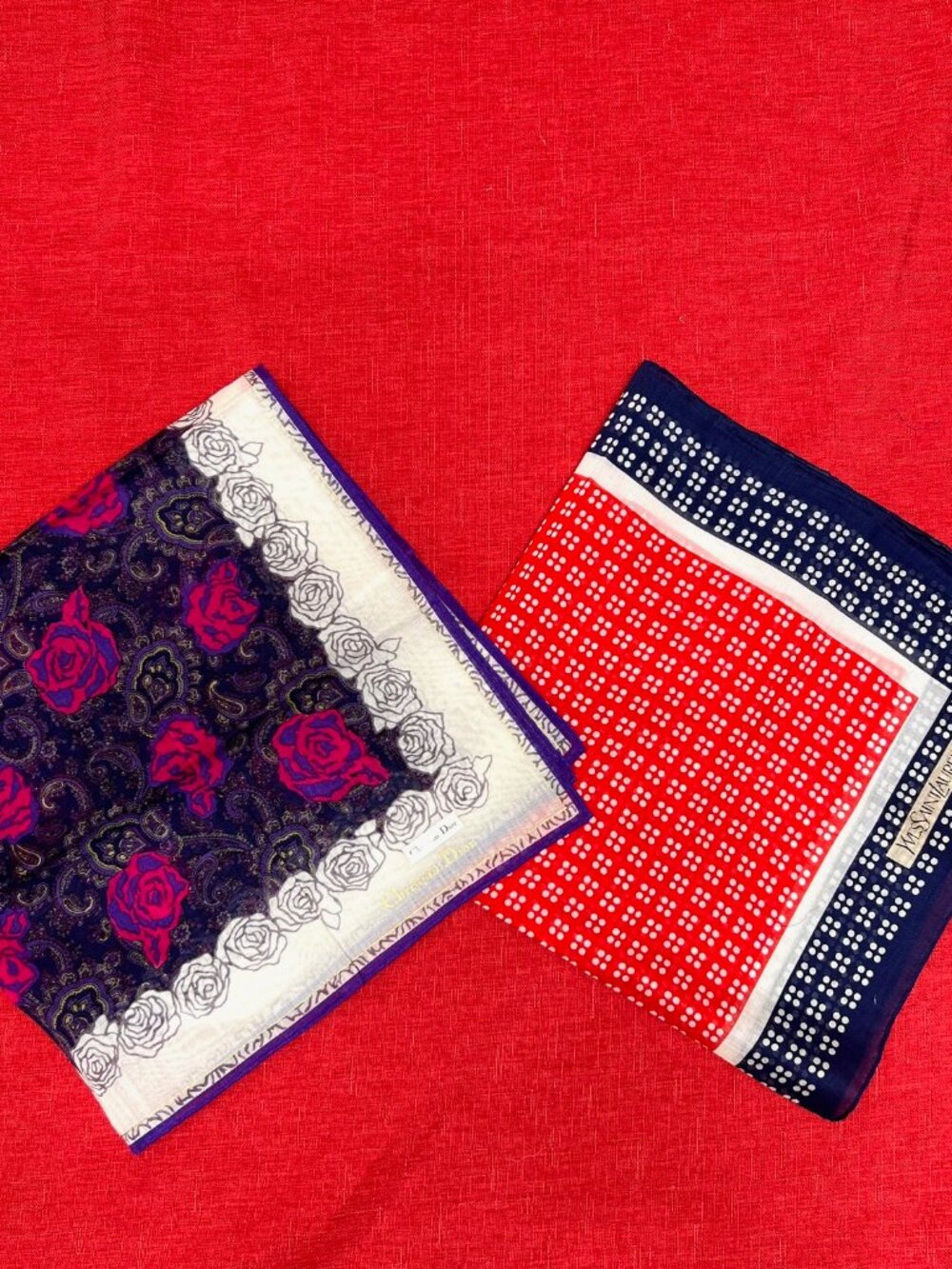 2) New Christian Dior & YSL Mini Scarf/Neck-kerchief Cott 18.5" Red Blue (19 - Picture 6 of 16